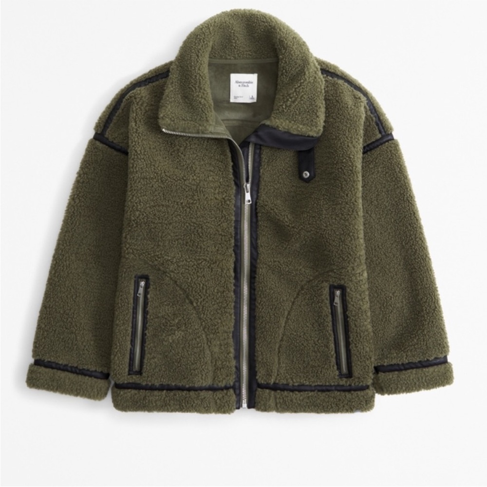 Abercrombie & Fitch Olive Green Contrast Trim Sherpa Aviator Jacket